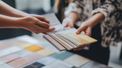 Woman handing color swatches to another woman.