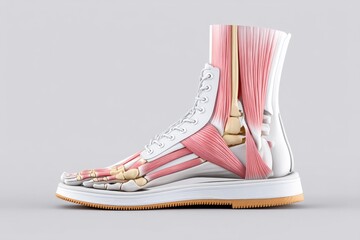 3D model of human foot anatomy showing bones, muscles, and skin layers in educational layout