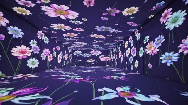 Immersive video art with colorful flowers projected on walls and floor, creating a tunnel effect. Wide-angle shot enhances depth and vibrancy. Live desktop wallpaper.