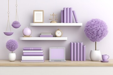 A 3D stylized law office scene with floating icons representing contracts, scales, and books