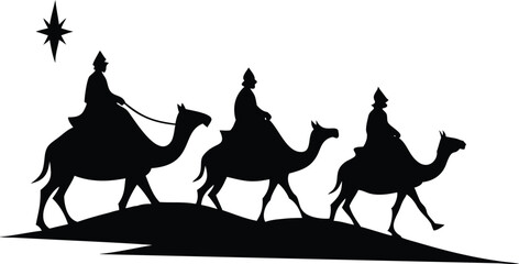 Three Kings Silhouette with Starry Sky on Camels against Transparent Background