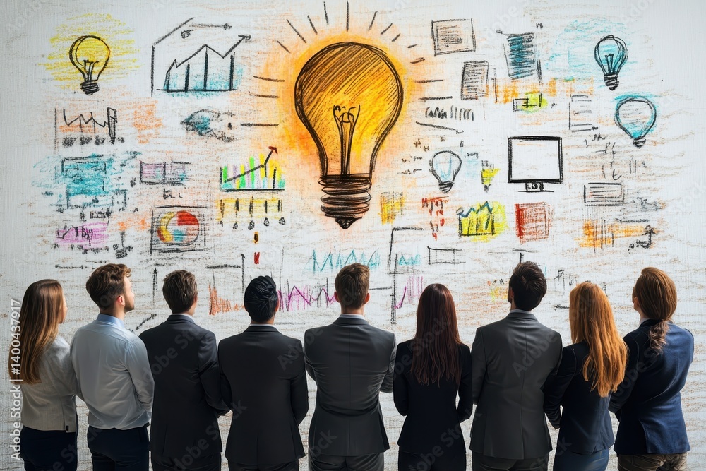 Poster team brainstorming session in a creative office with light bulb sketches illustrating innovative ide