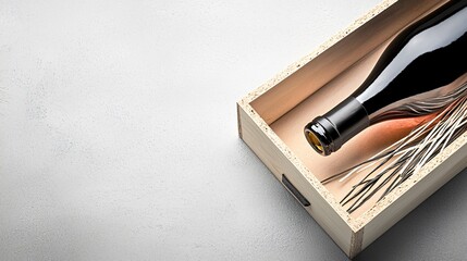 A wine bottle lies diagonally in a light wooden box filled with shredded light brown packing material against a textured gray surface with ample copy space