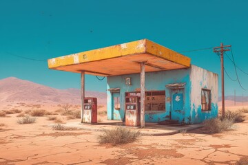 Obraz premium Abandoned gas station in a desert wasteland, showcasing decay and historical remnants of a bygone era