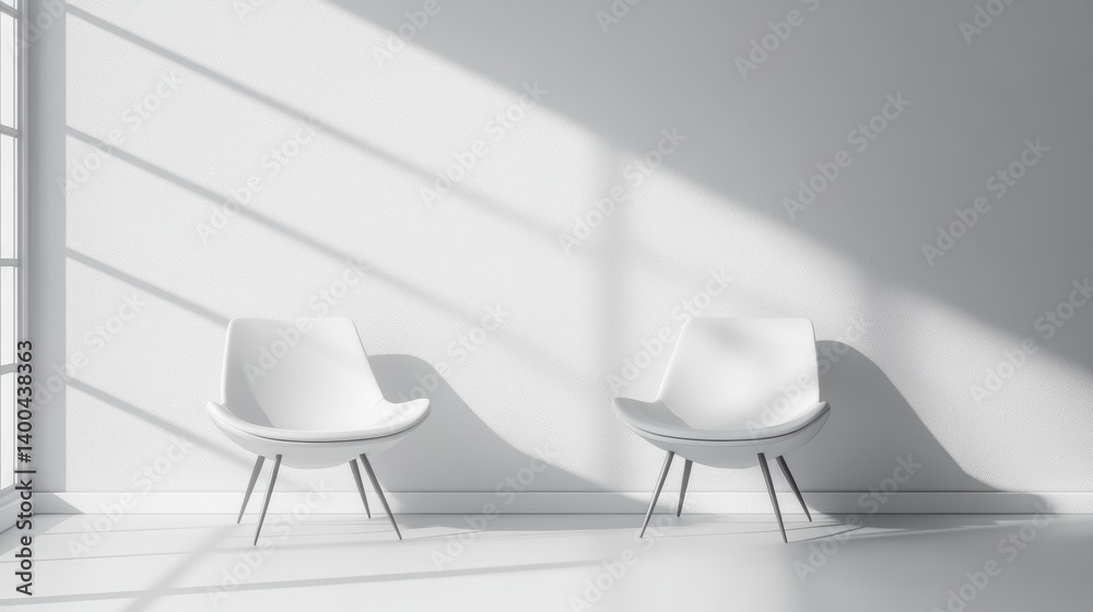 Aufkleber two modern chairs positioned against a stark white wall with dramatic shadows cast by bright sunligh