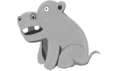 Handmade cartoon baby hippo sitting with crayons, PNG, transparent background; perfect for kids' designs, birthdays, educational fun, and creative inspiration.

