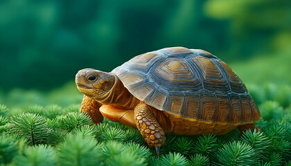 Fototapeta premium A tortoise on lush green foliage