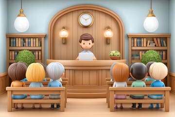 A digital 3D animation of a law education classroom with avatars studying virtual law