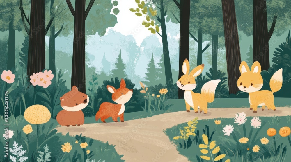 Poster forest path illustration with soft animals walking together in a serene green landscape filled with 