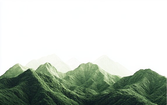 Lush green mountain range against a white sky