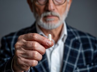 Older man holds white capsule in hand while wearing stylish suit in a well-lit room