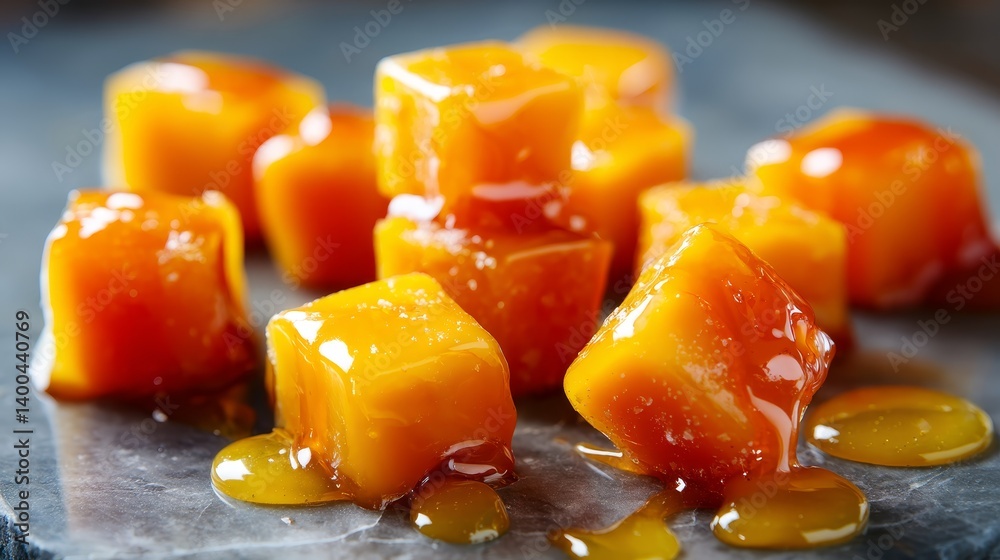 Poster glossy caramel cubes glisten with golden syrup, some stacked up on a smooth marble slab, showcasing 