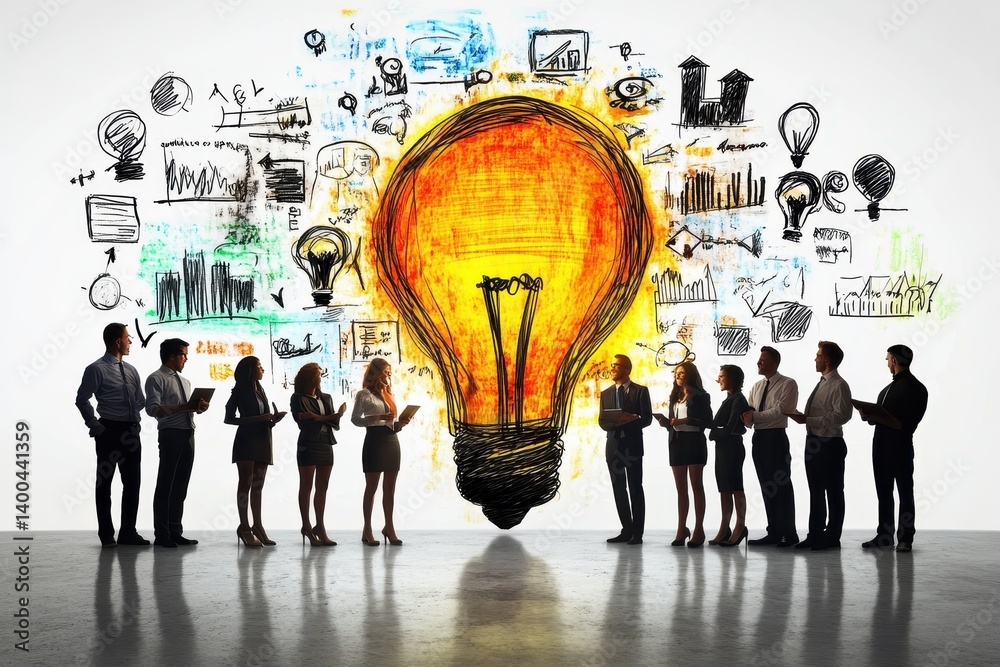 Poster Team brainstorming session in a creative office with light bulb sketches illustrating innovative ideas and concepts