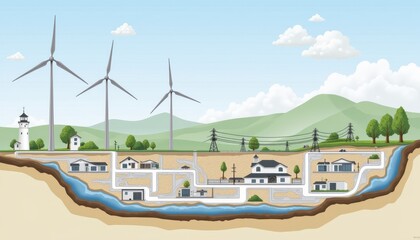 Obraz premium A high resolution cutaway diagram showing the entire process from power generation through wind turbines to the final distribution via an electrical substation.