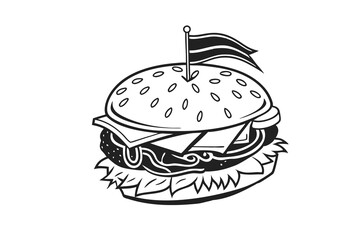 A cheeseburger with lettuce and tomato is isolated with Christmas tree and gifts for a festive meal