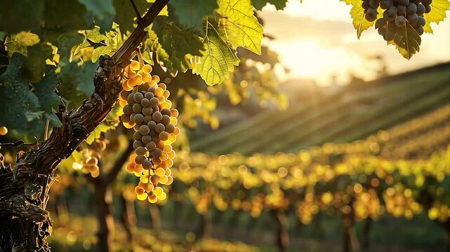 Golden hour illuminates ripe grapes hanging on vine in vineyard