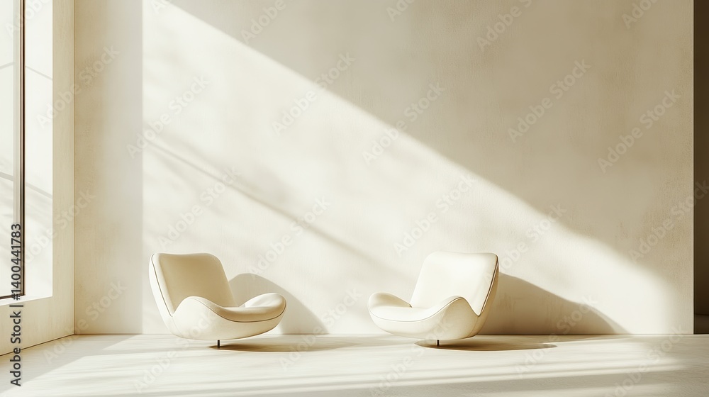 Aufkleber two modern chairs positioned against a stark white wall with dramatic shadows cast by bright sunligh