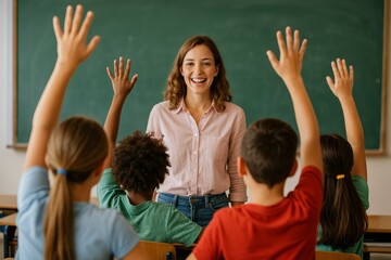 Engaged Students Discuss in Class With a Smiling Teacher in a Vibrant Learning Space