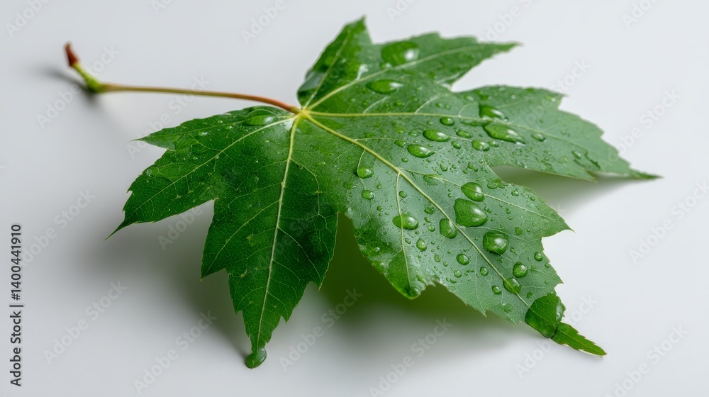 Poster dew droplets cling to a vibrant maple leaf, highlighting its detailed veins and rich green color set
