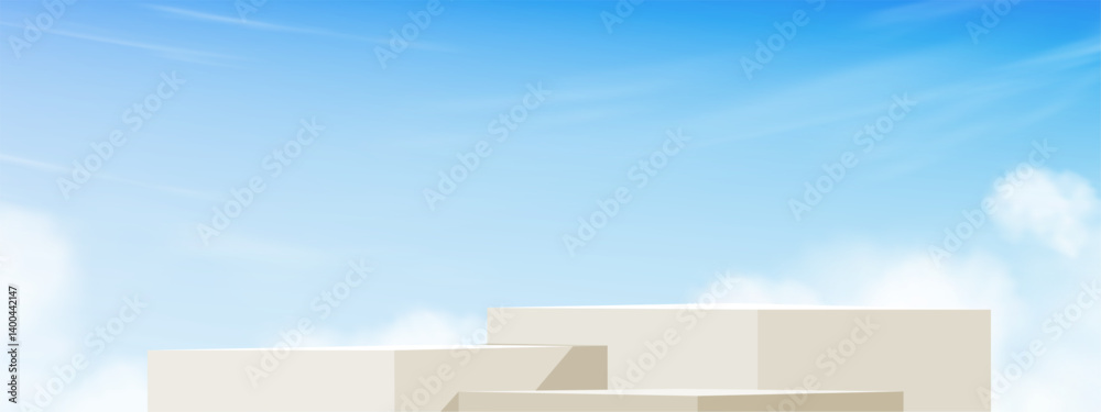 Poster sky blue,cloud background,brown podium platform step with shadow,minimal 3d display for summer banne
