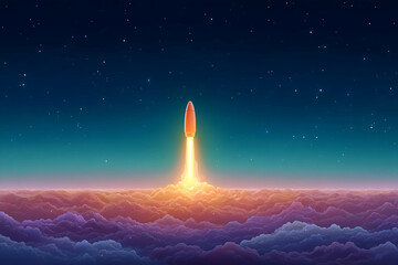 Rocket launching through vibrant clouds into starry night