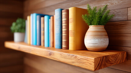 Rustic wooden shelf with books and plants