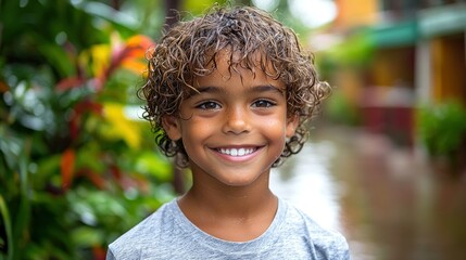 Portrait of a Smiling Boy in a Tropical Setting
