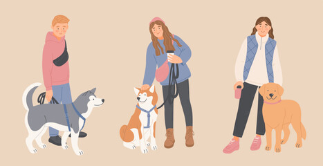 Pet owners. People walk with dogs - husky, akita-inu and retriever. Vector cartoon illustration in flat style.