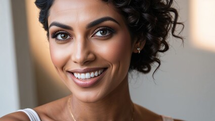 Naklejka premium A cheerful woman smiling warmly, exuding happiness and vitality.