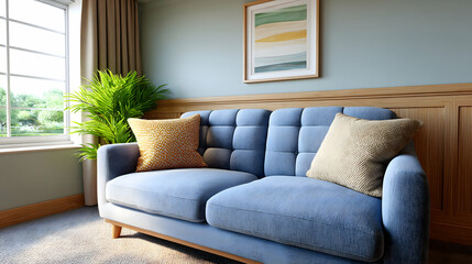 Sunny living room with blue sofa, pillows, and plant
