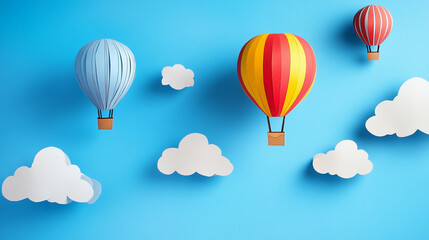 Colorful hot air balloons float against a blue sky Generative AI