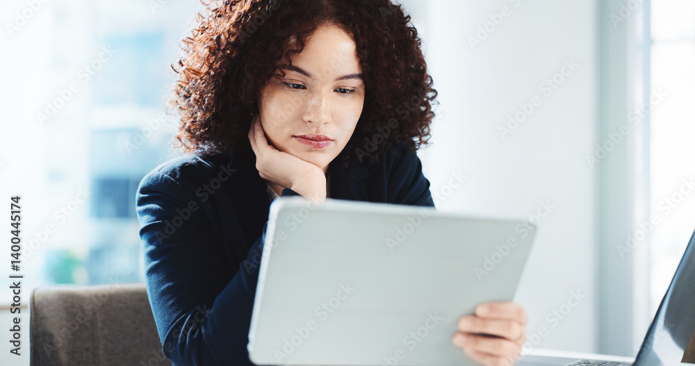 Poster thinking, tablet and reading with business woman in office for problem solving, financial advisor an
