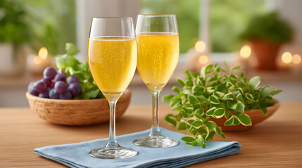 Two glasses of sparkling yellow beverage on table with grapes and plants