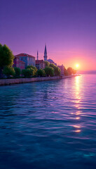 Fototapeta premium Vibrant sunrise over coastal town with mosque