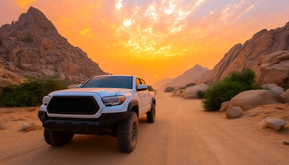 White pickup truck on a desert road at sunset, majestic rock formations in background