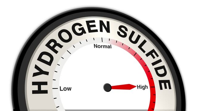 Hydrogen Sulfide text or word displayed with a barometer or gauge indicating levels from low to high, symbolizing its toxic effects and environmental hazard, particularly in industrial settings