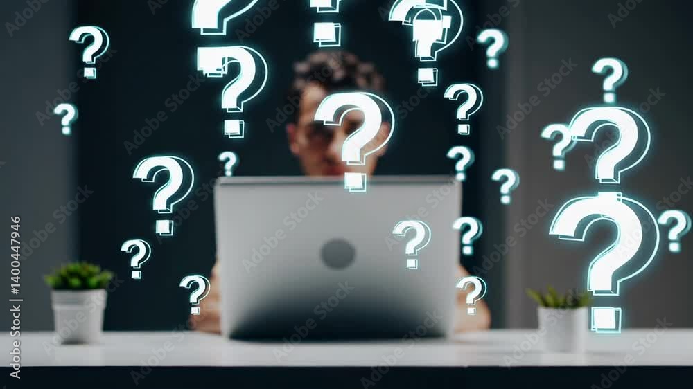 Poster Office worker using laptop with animated question marks, representing decision making, problem solving, and seeking information in business context
