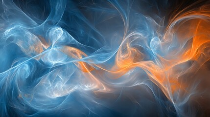 Digital abstract artwork featuring fluid blue and orange movement forming a minimalist backdrop