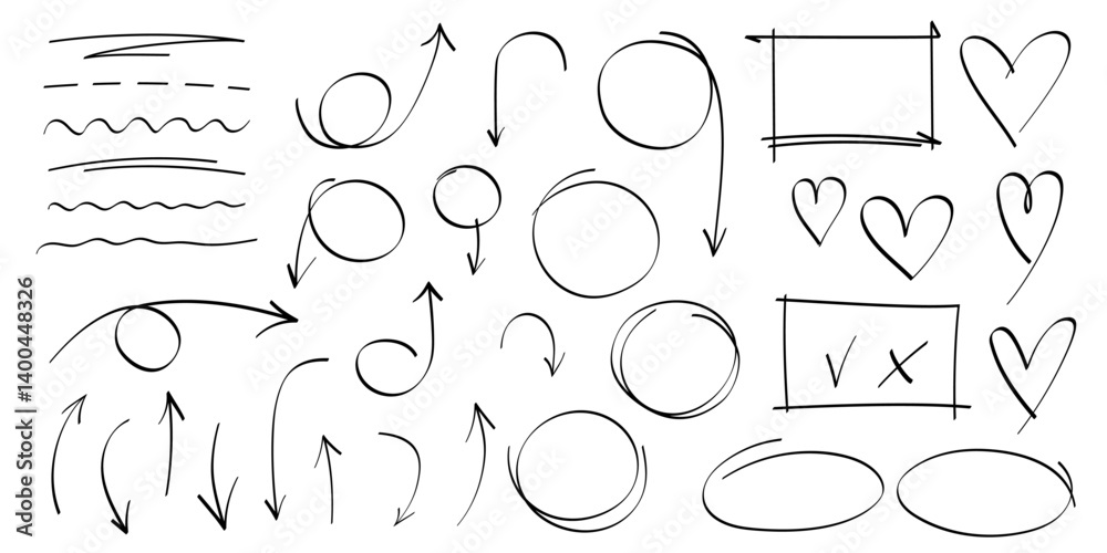 Poster Hand drawn arrows, highlight, text underline strokes, heart and emphasis marks. Set of Sketches of arrows, ellipse, rectangle, oval and mark. Collection of vector doodle elements and shapes for notes