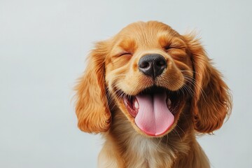 Happy golden cocker spaniel puppy with a joyful expression and tongue out, captured in a bright indoor setting, showcasing its playful character and furry coat