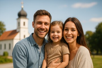 Fototapeta premium Smiling Family Poses Together Outdoors in Front of a Church on a Sunny Day