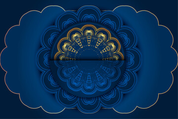 Elegant geometric mandala with blue and gold symmetry and decorative layout

