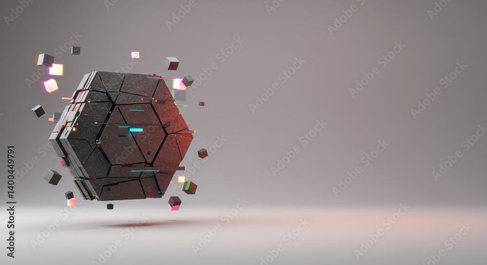Poster abstract hexagonal fractured geometric structure with neon lights and floating cubes in a grey space