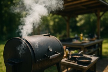 Smoky Barbecue Cooking at a Backyard Gathering on a Sunny Afternoon