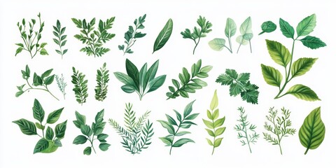 Collection of Various Green Leaves and Branches