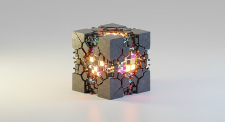 Obraz premium A Glowing Fractured Cube Abstract 3D Render of a Futuristic Geometric Structure