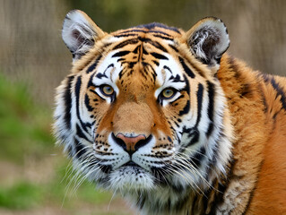 Fototapeta premium Bengal tiger face close-up, sharp focus on the eyes, centered headshot composition, majestic expression, detailed fur, glowing amber eyes, high-definition realism, animal portrait photography style 