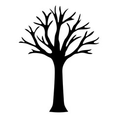 A stark black silhouette of a bare tree against white backdrop