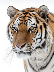 Fototapeta premium Close-up portrait tiger face eyes are looking Headshot of a Bengalimage white background The sound of flowing