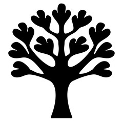 A whimsical tree silhouette with heart shaped leaves in black and white
